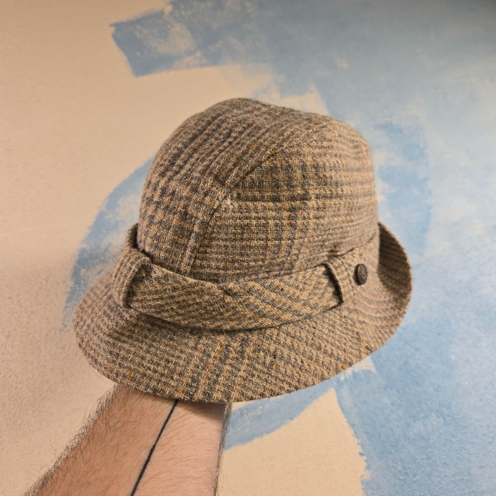 VTG Country Gentleman Newsboy Hat 7 1/8 57 Gray Tweed Woven In England Plaid 60s
